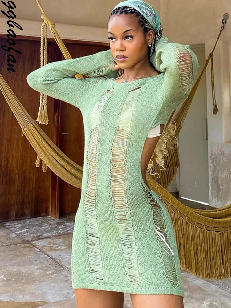 

Ggbaofan Sexy See Through Crochet Beach Dress Women Long Sleeve Backless Mini Dress Bodycon Night Club Party Dresses Summer