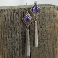 vintage extra long metal hand inlaid water drop purple stone earrings hanging metal women personality boho jewelry earrings