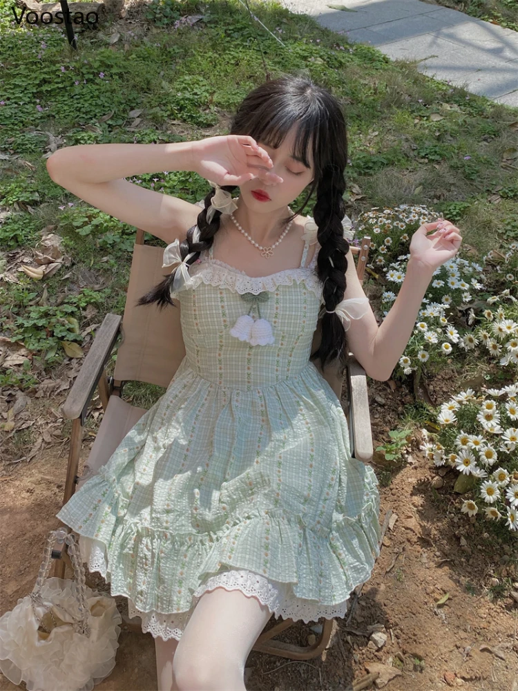 

Summer Floral Lolita Princess Dress Women Sweet Lace Patchwork Fairy Strap Dresses Female Casual Korean Holiday Beach Vestidos