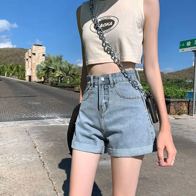 New folded hem Denim Shorts Women's High Waist Slim Loose Korean Rolled  Hot Pants Student basic Casual jeans  A-line Trousers