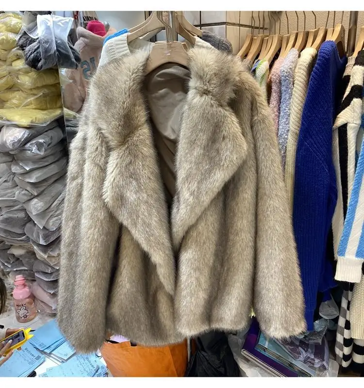 Imitation Fox Fur Coat Women Clothes Long Lapels Loose Plush Coat Solid Cardigan Thick Warm Fur Winter Office Lady Jackets Loose