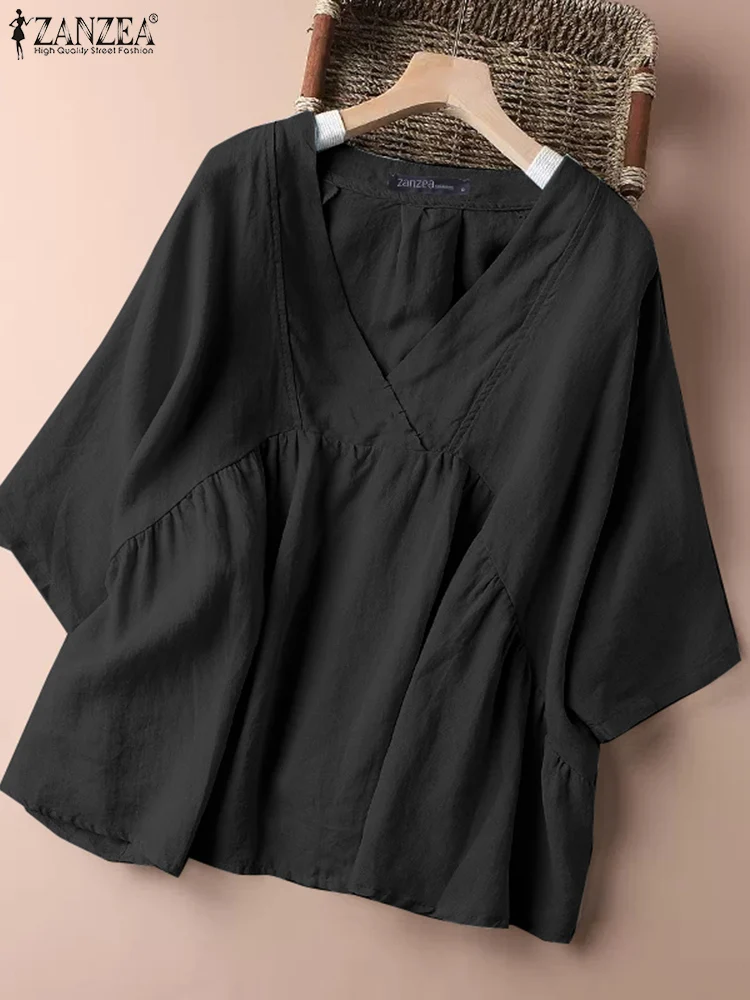 

ZANZEA Women Fashion Blouse 2023 Summer Cotton Linen Half Sleeve Tops Casual Loose Solid Baggy Shirts Holiday V-neck Tunic Blusa