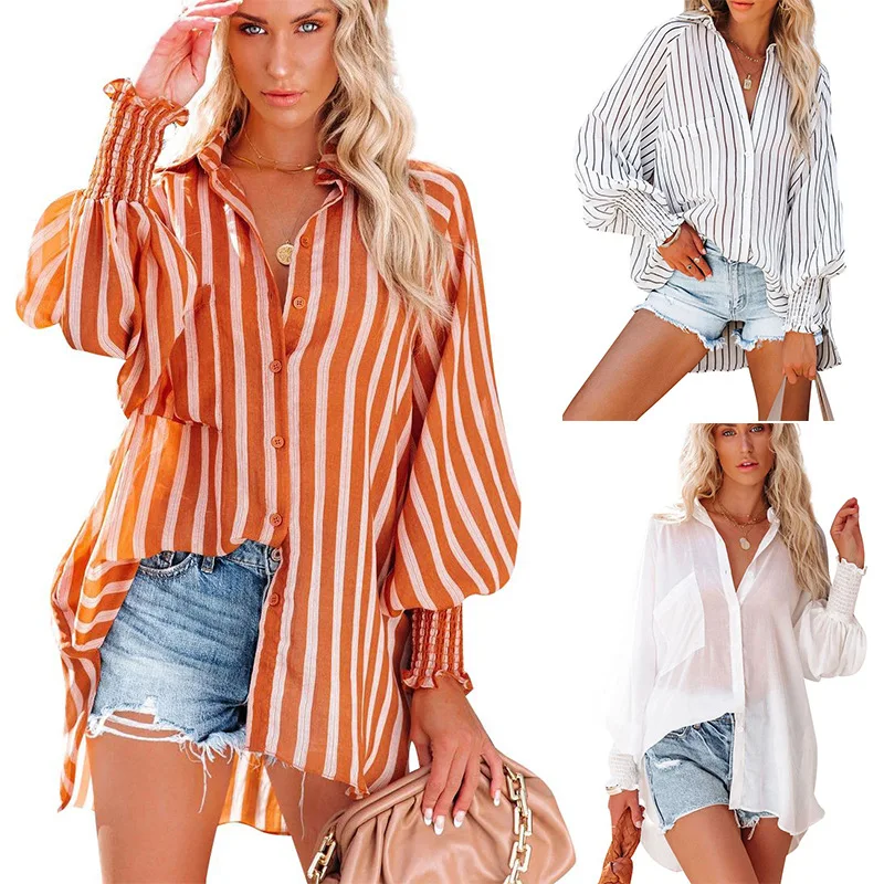 

Elegant Stripes Pink Long Shirt Women Summer 2022 High Fashion Long Sleeve Loose Beach Shirts Casual Top