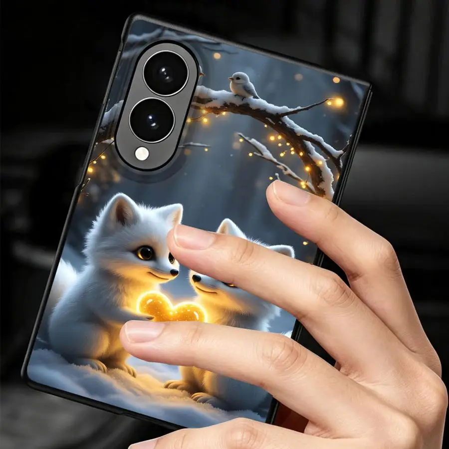Фото Роскошный чехол для телефона Samsung Galaxy Z Fold 8 ZFold8 Z Fold8 Wide ZFold Wide с милыми белыми лисами и снежным лесом. №3