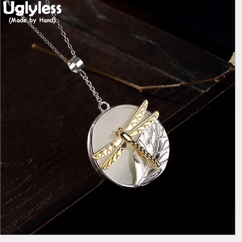 

Uglyless Real Solid 925 Sterling Silver Handmade Dragonfly Pendants for Women Exotic Round Jade Necklaces NO Chains Leaf Bijoux