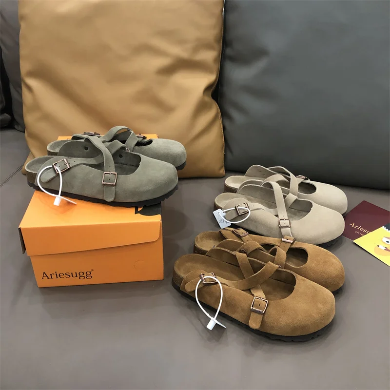 

2023 Spring and Summer New Versatile Shoes Baotou Slippers Women's Retro Genuine Leather Half Slippers