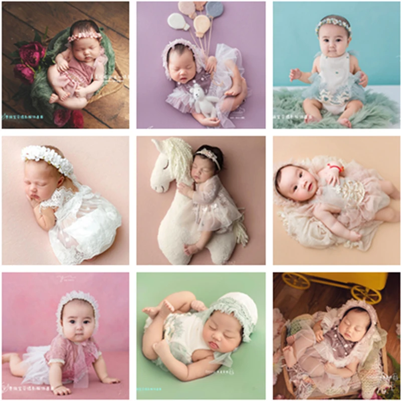 Dvotinst Newborn  Photography Props for Girls Floral Lace Pearls Outfits Headband Hat Accessories Studio Shooting Photo Props
