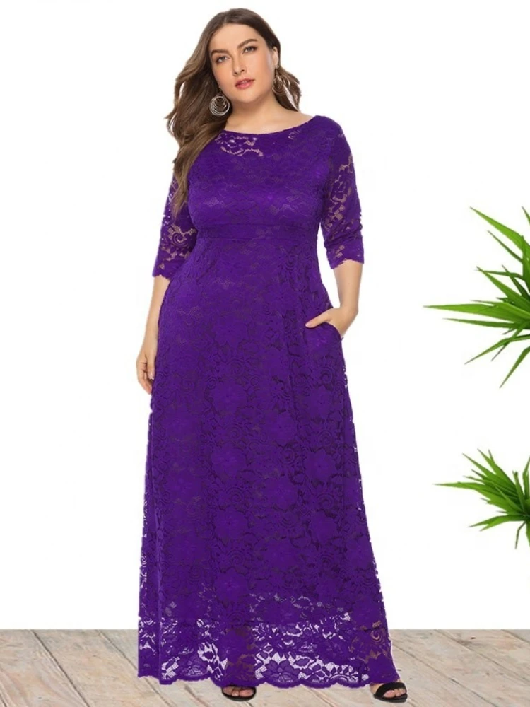 Plus-size women's new openwork lace pocket dress high-quality evening dress long dress party dress