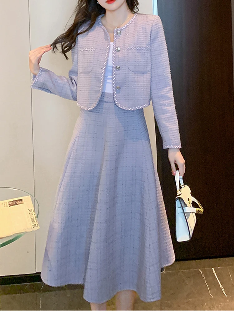 

High-Quality Skirt Suit Single-Breasted Round Neck Coat + Large Skirt Two-Piece Set 2022 Autumn Fashion Women'S Clothing