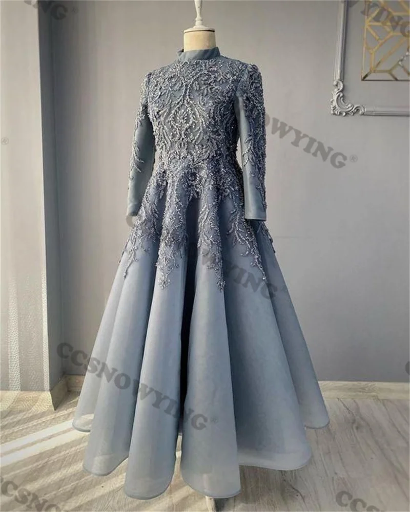 

Organza Appliques Beaded Muslim Evening Dresses Long Sleeve Hijab Islamic Formal Party Gowns Women Arabic Dubai Moroccan Caftan