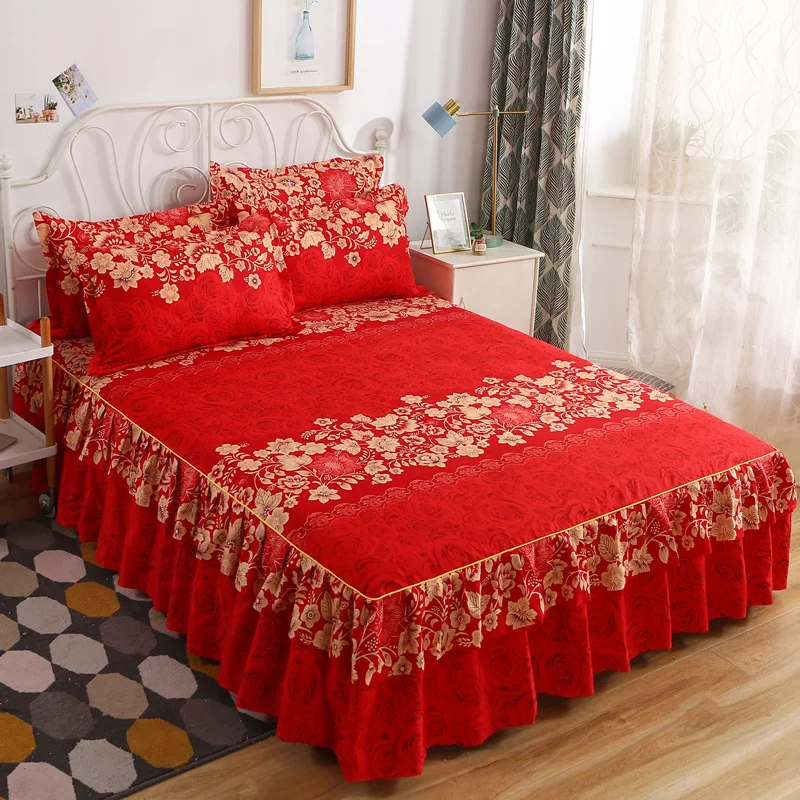

New 3pcs Bedding Bed Skirt With 2pcs Pillowcases Wedding Bedspread Bed Sheet Mattress Cover Full Twin King Size Bedsheets