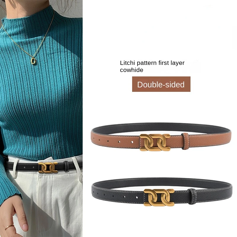 Lichi Patterned Top Layer Cowhide Leather Women's Belt Versatile Belt with Jeans Casual Pants Luxury Belt