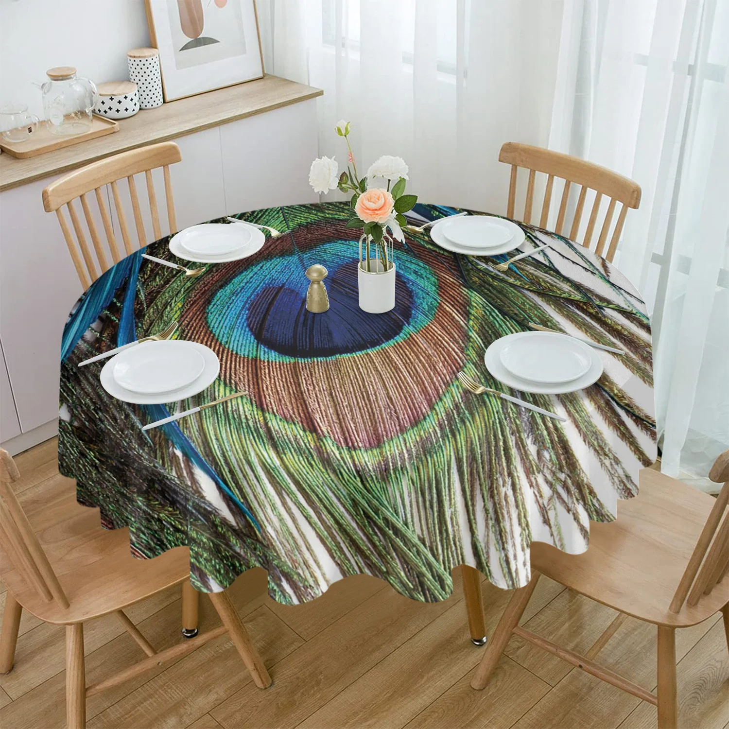 

Peacock Feather Art Round Tablecloths for Dining Table Waterproof Table Cover for Kitchen Living Room