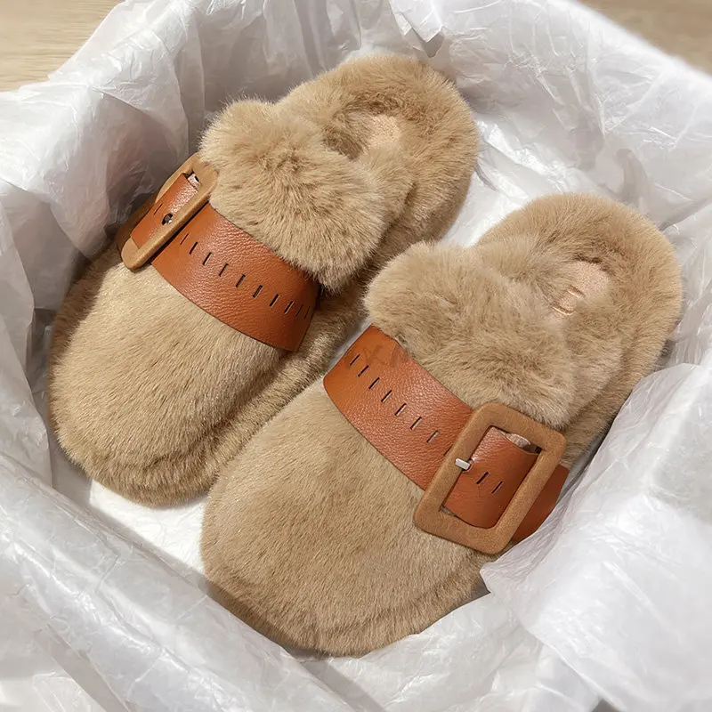 Winter Flats Women Slippers Fur Luxury Buckle Platform Mules Shoes Warm Short Plush Cotton Flip-flops 2023 New Snow Women Boots