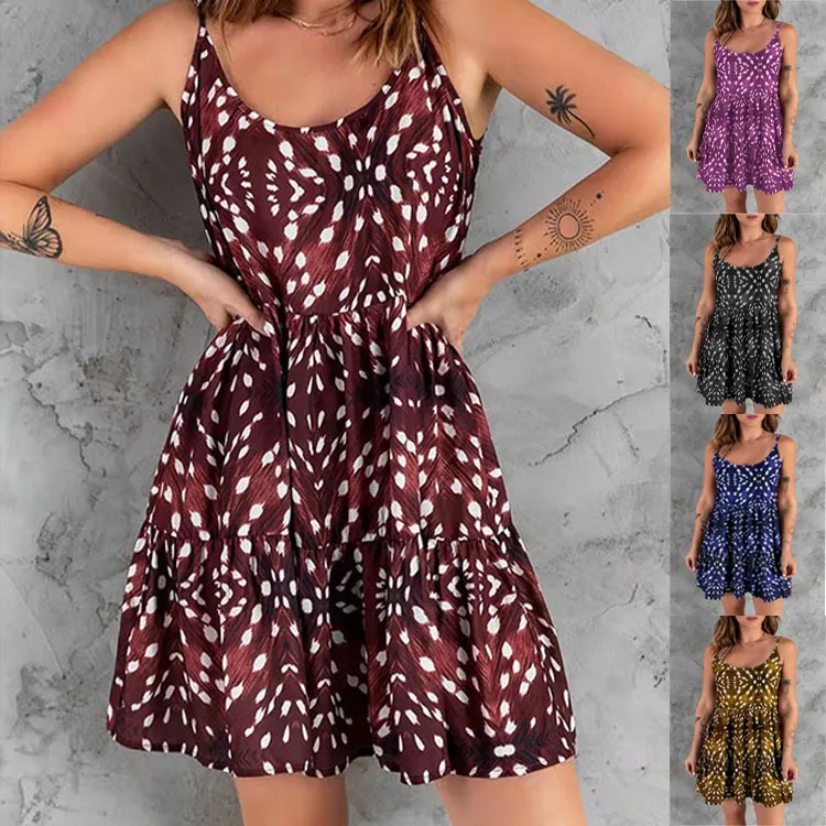 

Women's 2022 Summer Printed Bohemian Temperament Commuter Sling Short Skirt Dress Sling Splicing Casual Fashion Dress