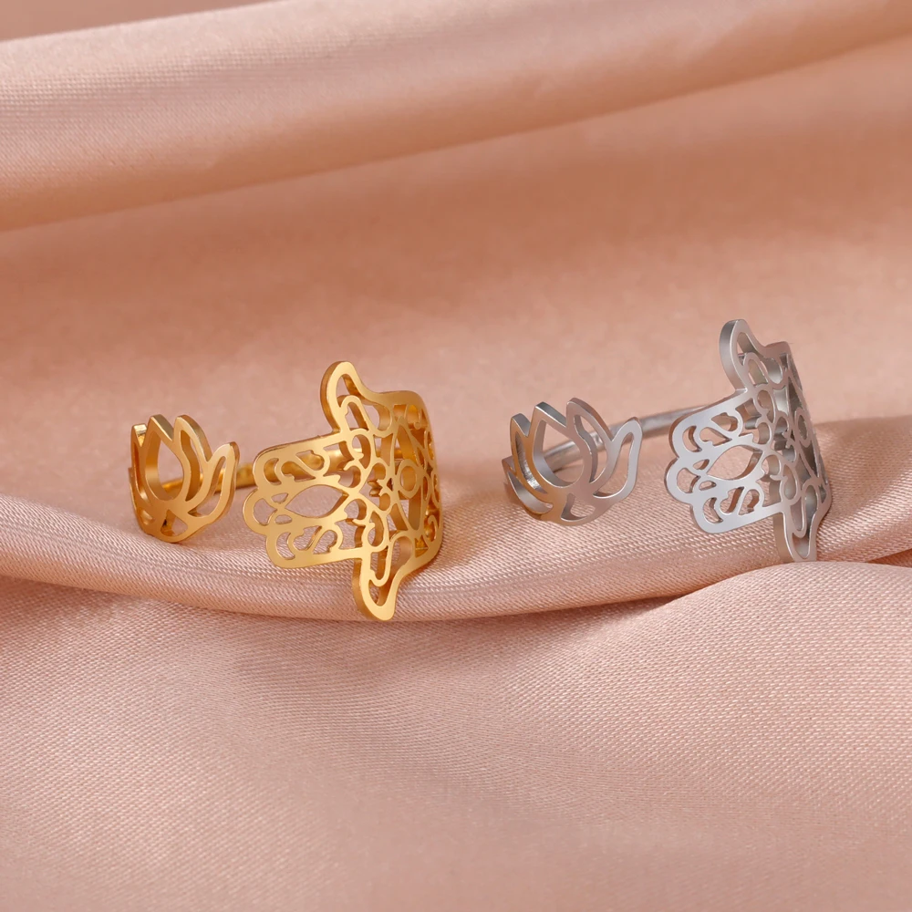 

COOLTIME Lotus Flower Rings Hamsa Hand Stainless Steel Rings for Women Hand of Fatima Amulet Rings Jewlery Gift 2023 New In