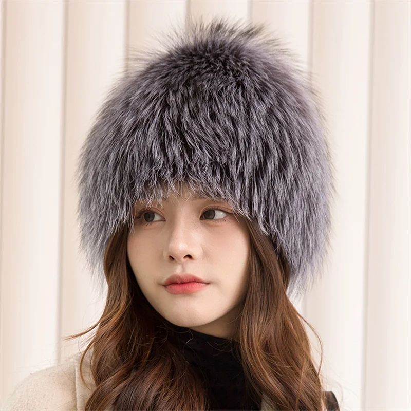 Russia's New Winter Ladies Natural Fox Skin Hat Knitted Warm Real Fox Skin Hat Women Good Elastic Real Fox Hat