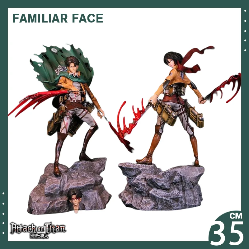 

35cm Attack On Titan Gk Anime Figure Mikasa Levi Ackerman Battle Version Double-Headed Carved Figurine PVC Statue Model Toy Gift