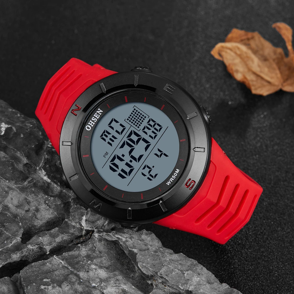 

OHSEN Men Watches Electronic Led Outdoor Military Wateroof Wristwatch Red Silicone 5ATM Dive Stopwatch Clocks Digital Watch