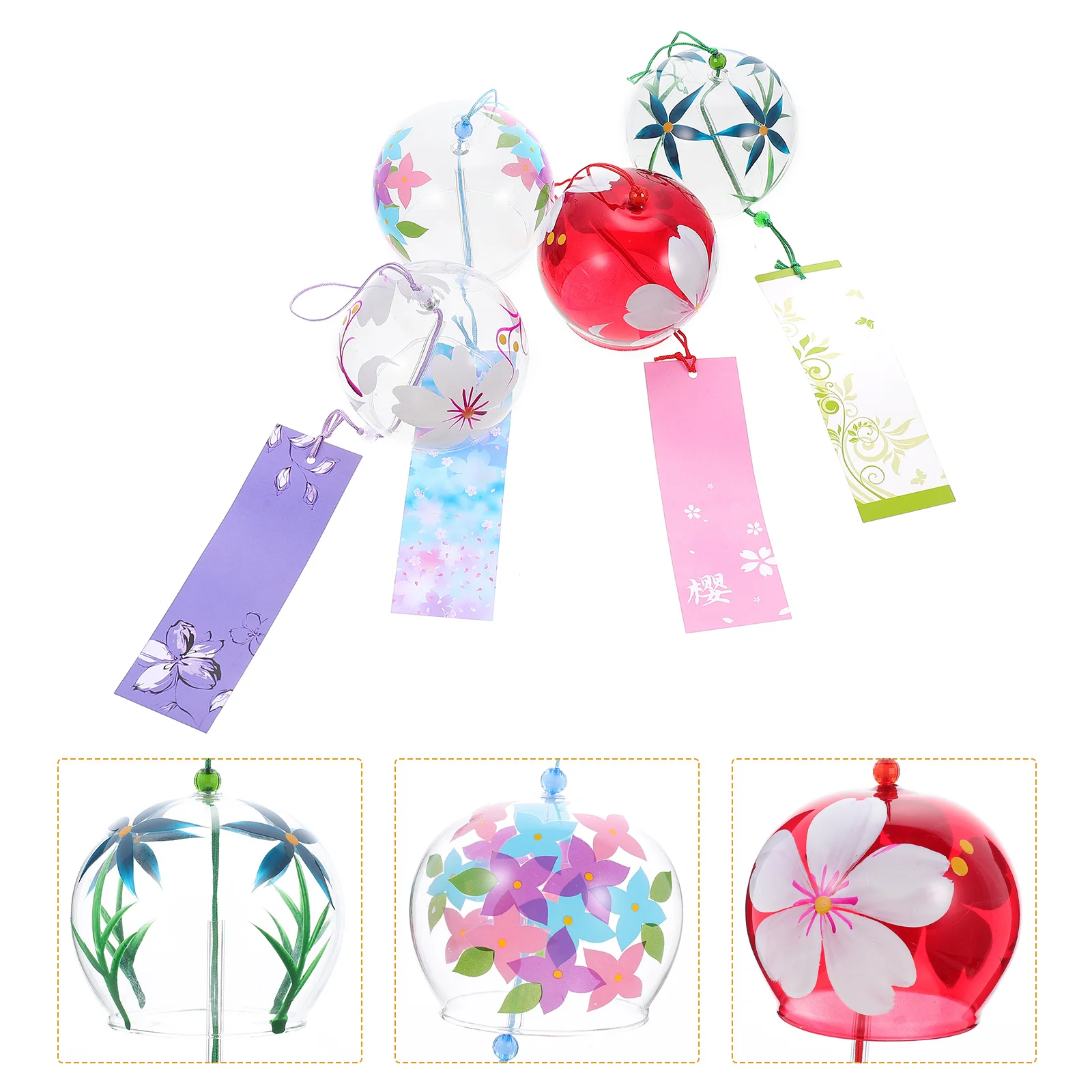 

4 Pcs Vintage Glass Wind Chimes Lucky Label Handcrafted Bells Window Hanging Decor
