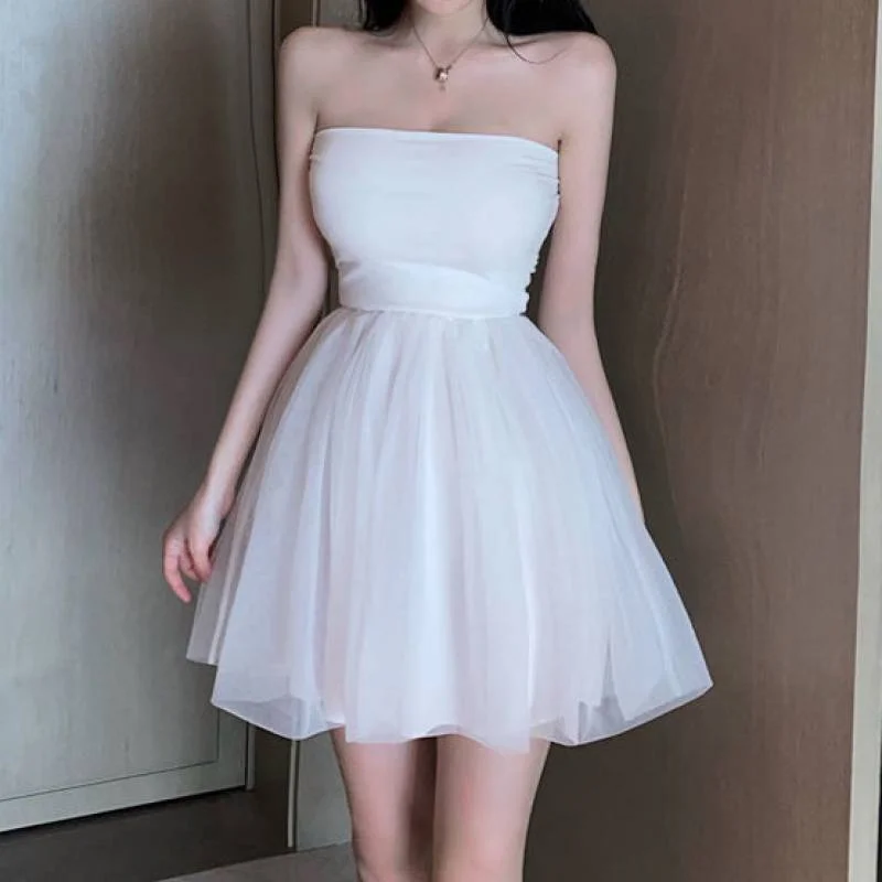 

New Dress Women Mini Ball Gown Solid Color Elegant Elasticity Female Party All-match Princess Strapless Girls Mesh Sexy Sundress
