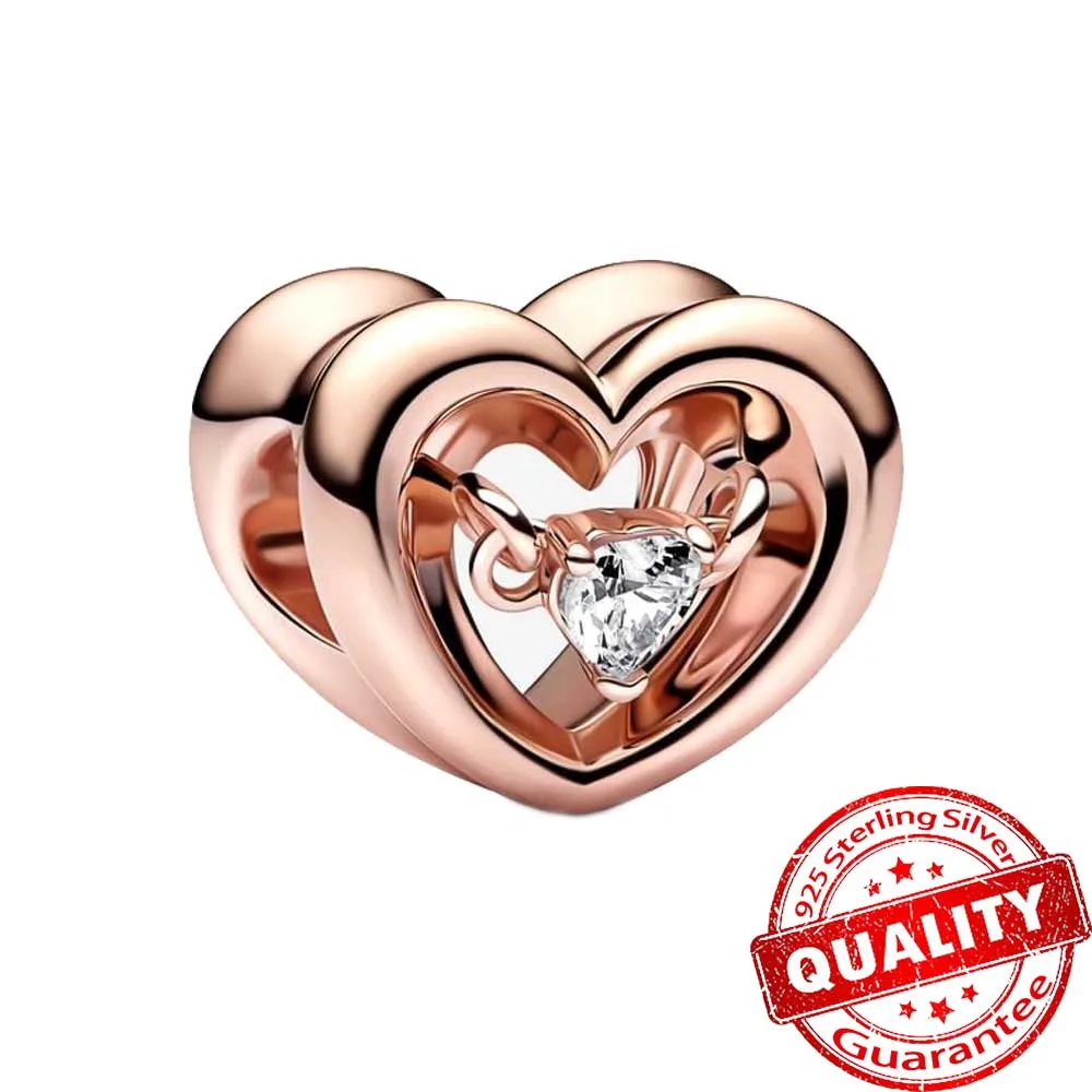 

New 925 Silver Charm Fit Original Pandora Bracelet Rose Gold Radiant Heart & Floating Stone Sterling Silver Charm Jewelry Gift
