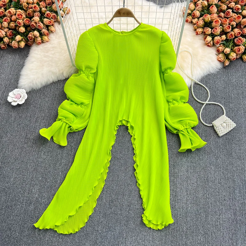 

Koijizayoi Spring Autumn Women Korean Dress All-match Slit Mid-length Irregular O Neck Puff Sleeve Dresses Office Lady Sexy Robe
