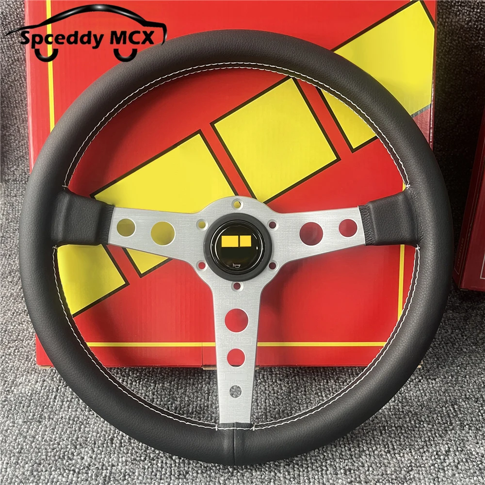 

14-дюймовый руль прототипо, универсальный гоночный дрифт, рулевые колеса JDM из натуральной кожи для стиля, черный, серебристый кронштейн