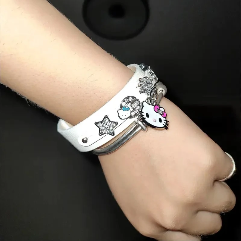 2024 Kawaii Sanrio браслет с анимэ Cute Hello Kitty Cartoon Yk2 Sweet and Cool кожаный орнамент подарок на