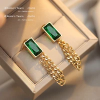 2021 new classic geometric rectangle green crystal stainless steel chain tassel earrings girls unusual accessories for woman