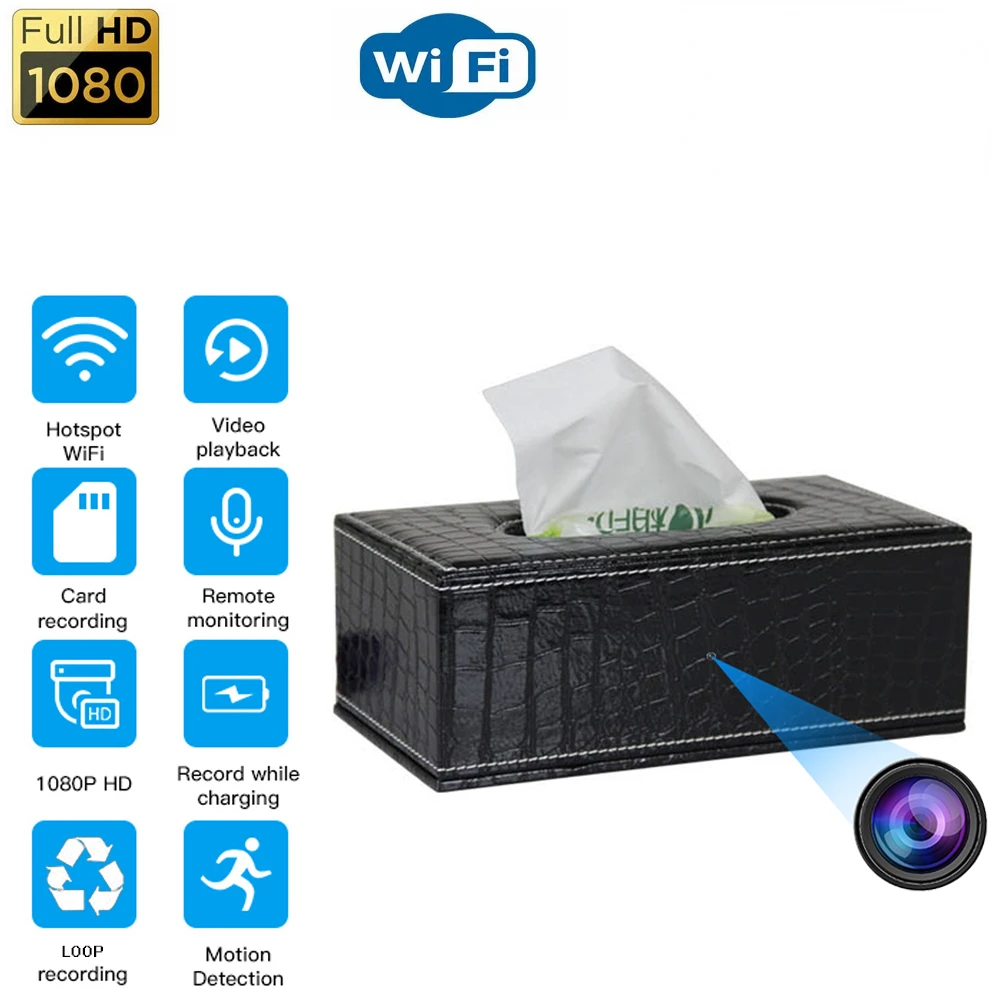 

Invisible HD 1080P Wifi Mini Camera PU Leather Tissue Box Remote Monitoring Home Video Security Surveillance Camera Baby Monitor