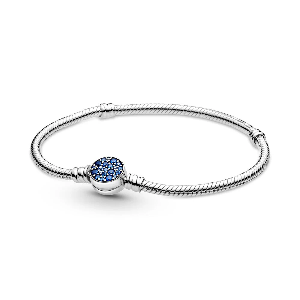 

Moments Sparkling Blue Disc Clasp Snake Chain Bracelet 925 Silver Fit for Pandora Romantic Birthday Party Ladies Jewelry Gifts