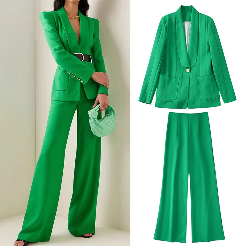 

2022 Spring Women Versatile Long Sleeve Single Button Solid Color Blazer High Waist Loose Wide Leg Pants Two Piece Suit BB22770