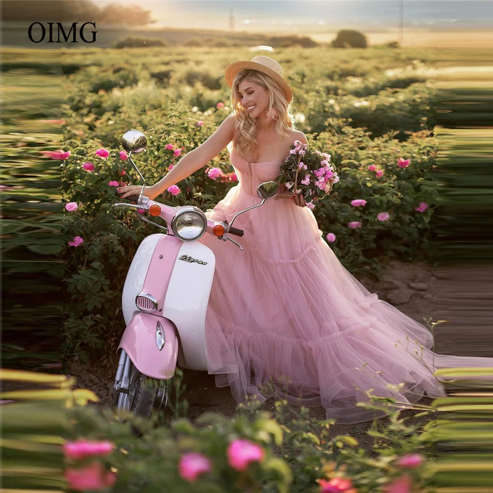 

OIMG Blush Pink Tulle A Line Prom Dresses Sweetheart Fairy Evening Gowns Bride Party Dress Lace Up Back Princess Robe de mariage