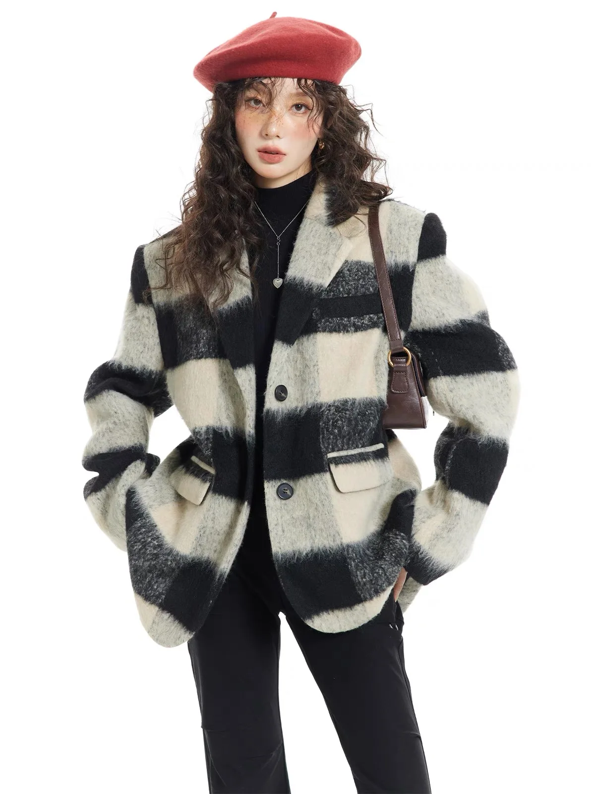 

Elegant Women Wool Coat Plaid Classics Female Loose Long Single Breasted Coats 2023 Spring Autumn Jackets Trench Outerwear WJ9