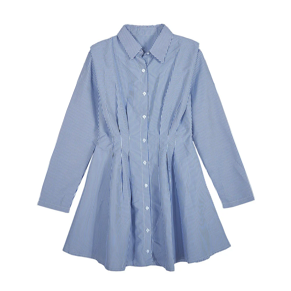 

New Women's Dress Long Sleeve High Waist A-line Dress Casual Stripe Shirt Dress