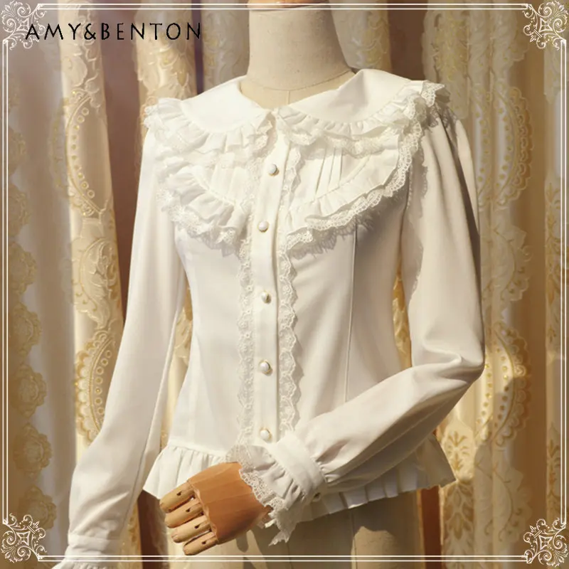 

Spring Autumn Lolita Shirt Women Bottoming Long Sleeve Chiffon Slim Blouses Female Lolita Puff Sleeve Casual Shirt Top