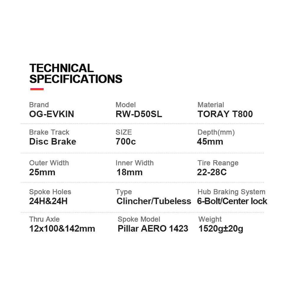 OG-EVKIN RW-D50SL25HG карбоновые колеса дисковый тормозной диск бескамерная Глубина 50 мм 6