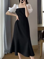 elegant women summer party midi dress 2022 korea style office lady one piece slim waist female fashion clothes vestdios