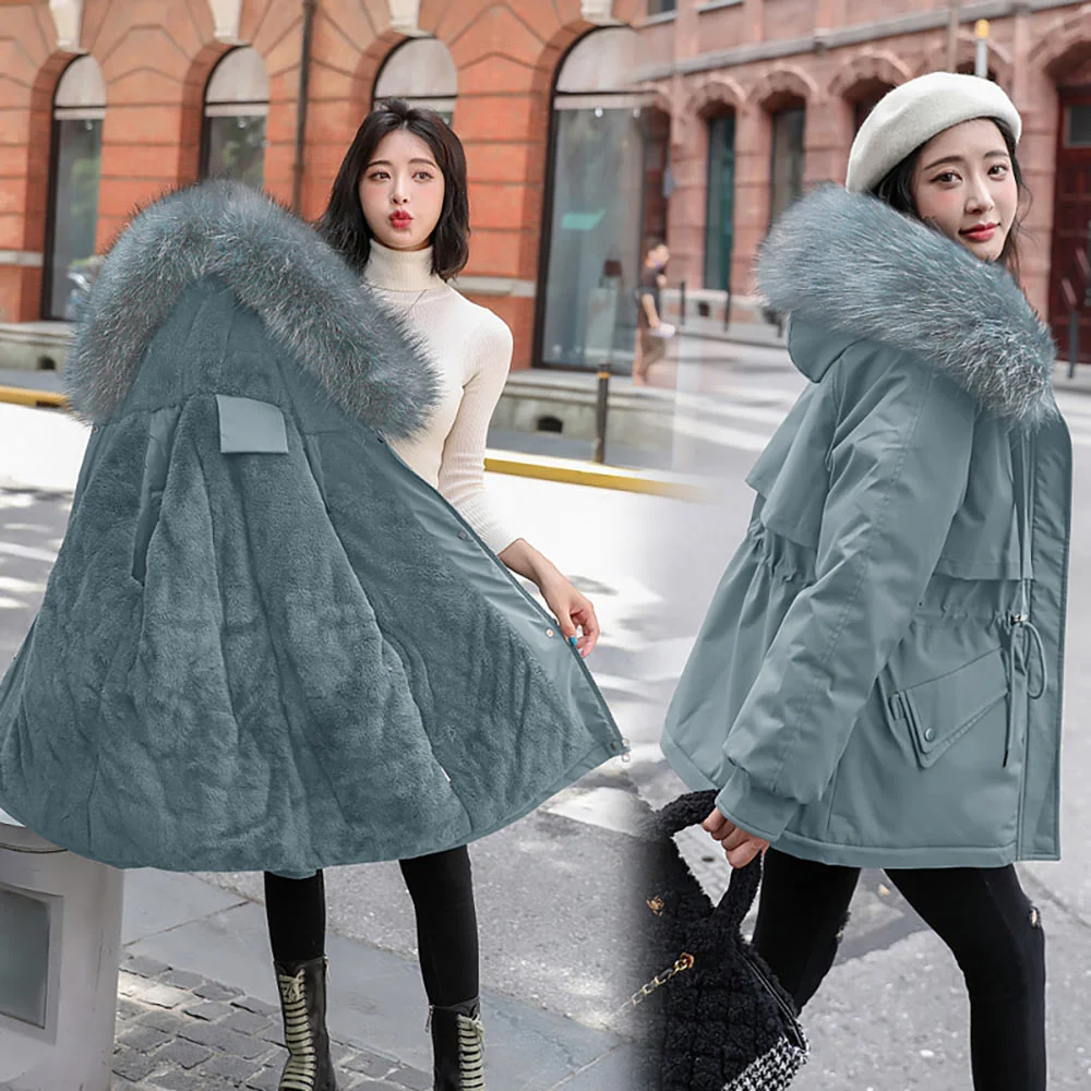 Warm Thicken Winter Women Jacket Solid Loose Fur Collar Hooded Cotton Padded Coat for Ladies Casual Wool Liner Parkas