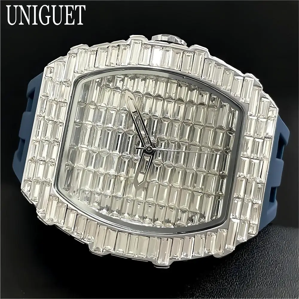 Фото 2024, новые мужские часы со льдом, бренд UNIGUET, кварцевые часы из люксистой стали, хип-хоп, багет, бриллиантовые наручные часы Tonneau, мужские дропшиппинг №2
