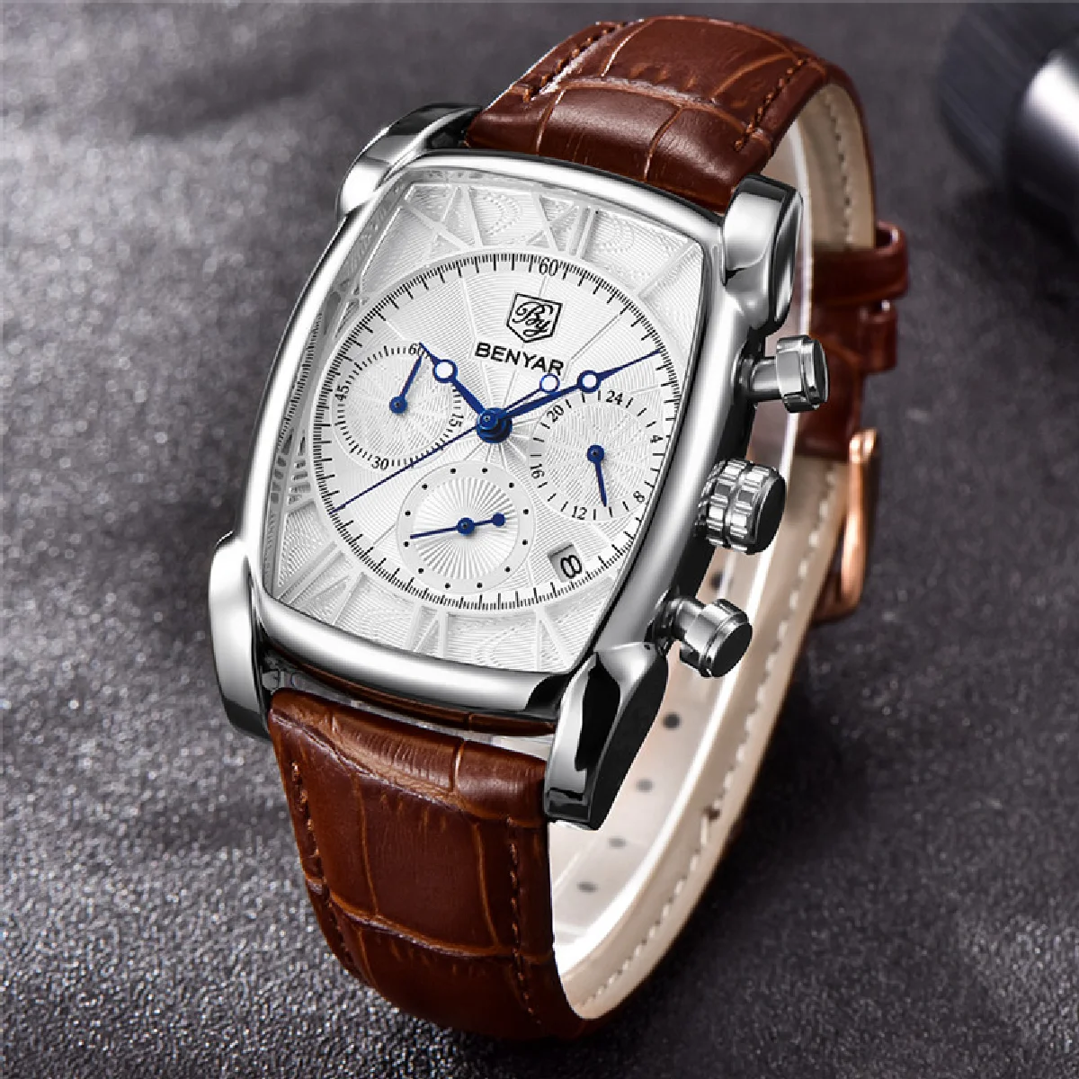 

Часы BENYAR Мужские кварцевые с кожаным ремешком, брендовые Роскошные водонепроницаемые спортивные в стиле милитари, с хронографом