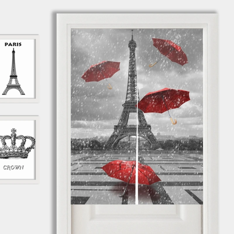 

Paris Eiffel Tower Rainy Day Doorway Curtain Red Umbrella Japan Noren Curtain Restaurant Kitchen Entrance Partition Half-Curtain