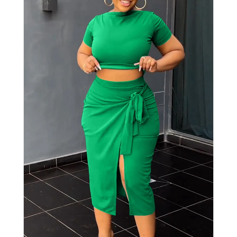 Summer Women Slash Neck Short Sleeve Crop Top & High Waist Hem Split Lace up Skirts Set Causal Streetwear New In Suit 2023 y2k