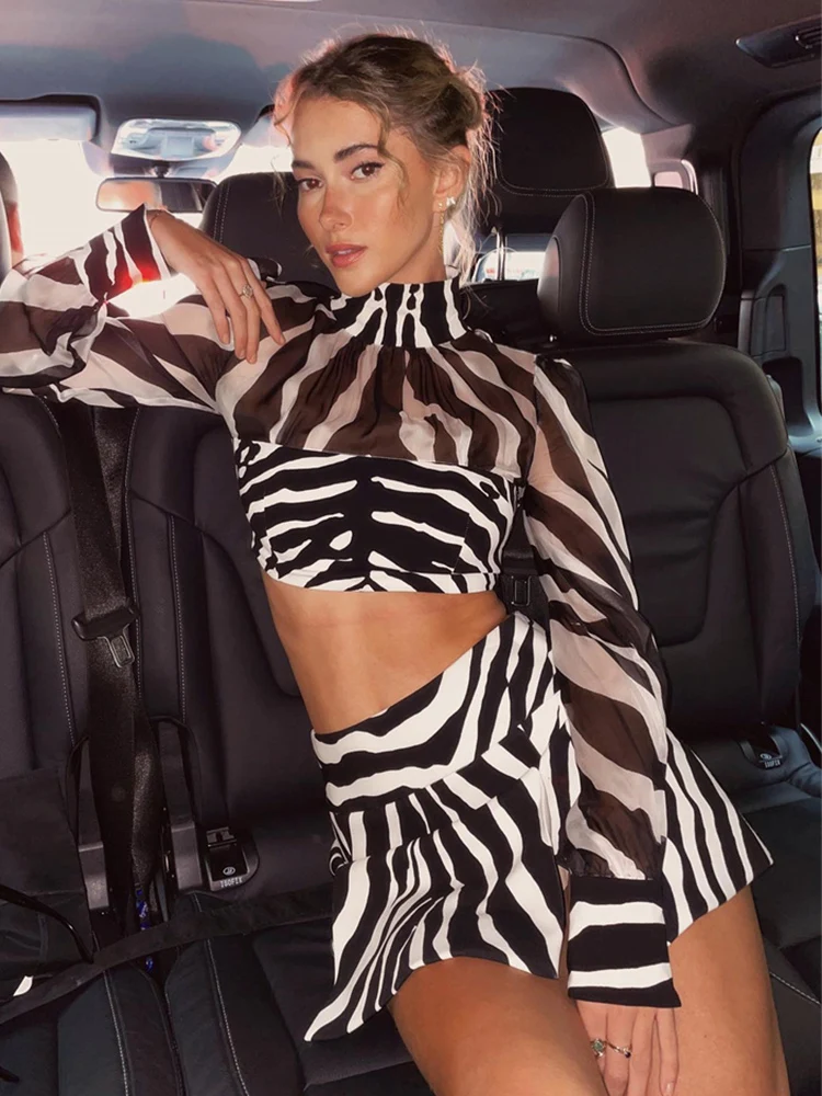 

Casual Turtleneck Crop Top Skirts Zebra Print Sets Women Streetwear Long Sleeve Suits Female Overalls Sexy 2 Piece Set Tracksuit