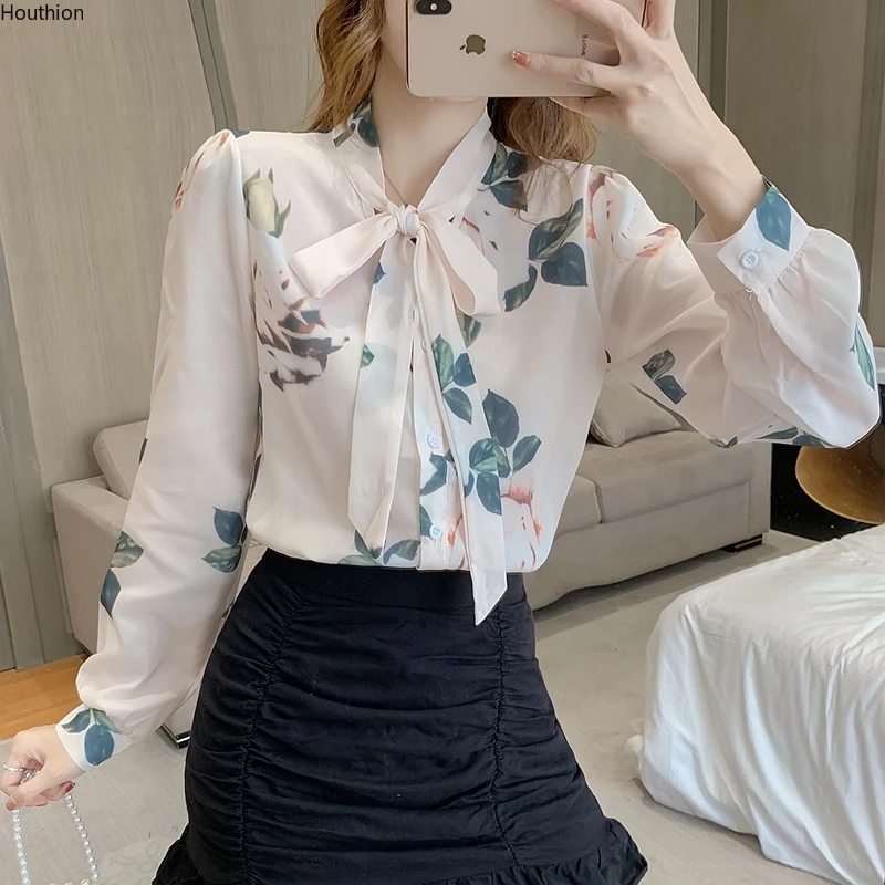 

Poplin Women's Blouses Long Sleeve Casual Fashion Top Printed Shirt New Korean Bow Female Clothes