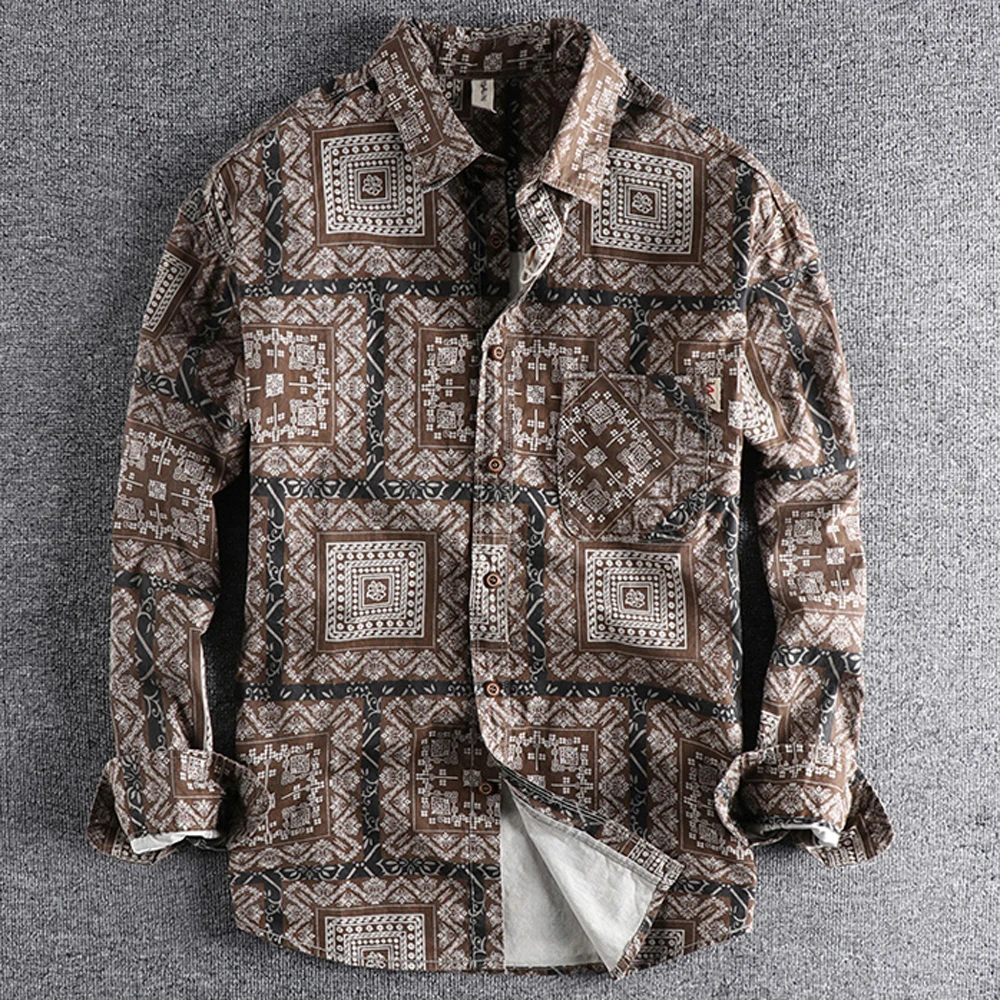Retro Ethnic Pattern Long Sleeved Shirt For Men Japanese Style Trending Youth Man Shirts Loose Streetwear Spring Free Shipping