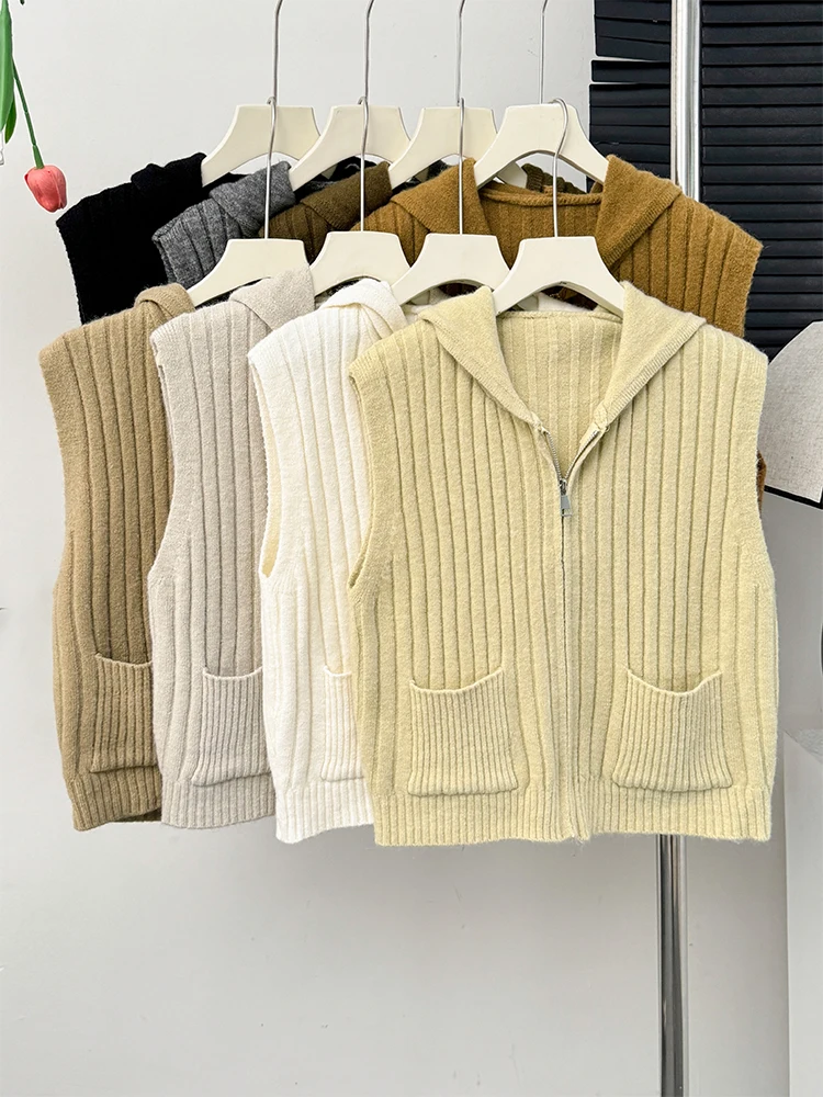 Ретро однотонный свитер с капюшоном жилет модный вязаный кардиган на молнии