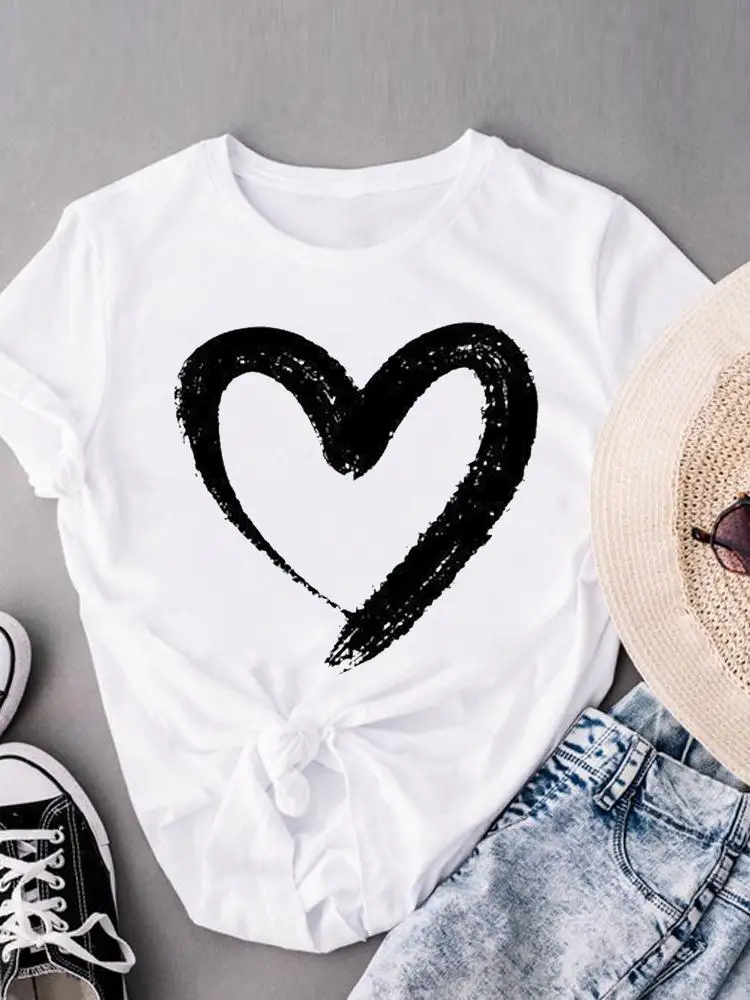 

Casual Ladies Women Print Female Clothing Short Sleeve T-shirts Love Heart New Style 90s Summer Clothes Fashion T Graphic Tee