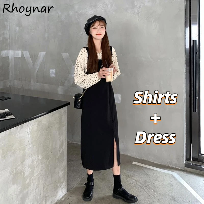 

Sets Women Vintage Polka Dot Long Sleeve Casual Shirts Korean Preppy Style Sexy Side Split Overall Dress Trendy Elegant Baggy